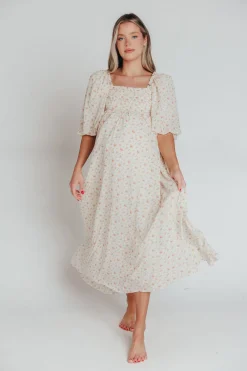 Best Worth Collective Melody Maxi Dress with Pleats and Bow Detail in Ivory Floral- Bump Fri