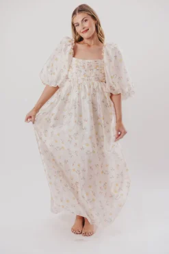 Hot Worth Collective Melody Maxi Dress with Pleats and Bow Detail in Yellow Rose Floral - B
