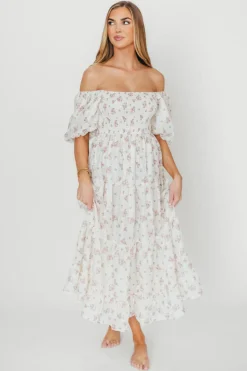 Best Worth Collective Mia Midi Dress in Ivory/Pink Floral