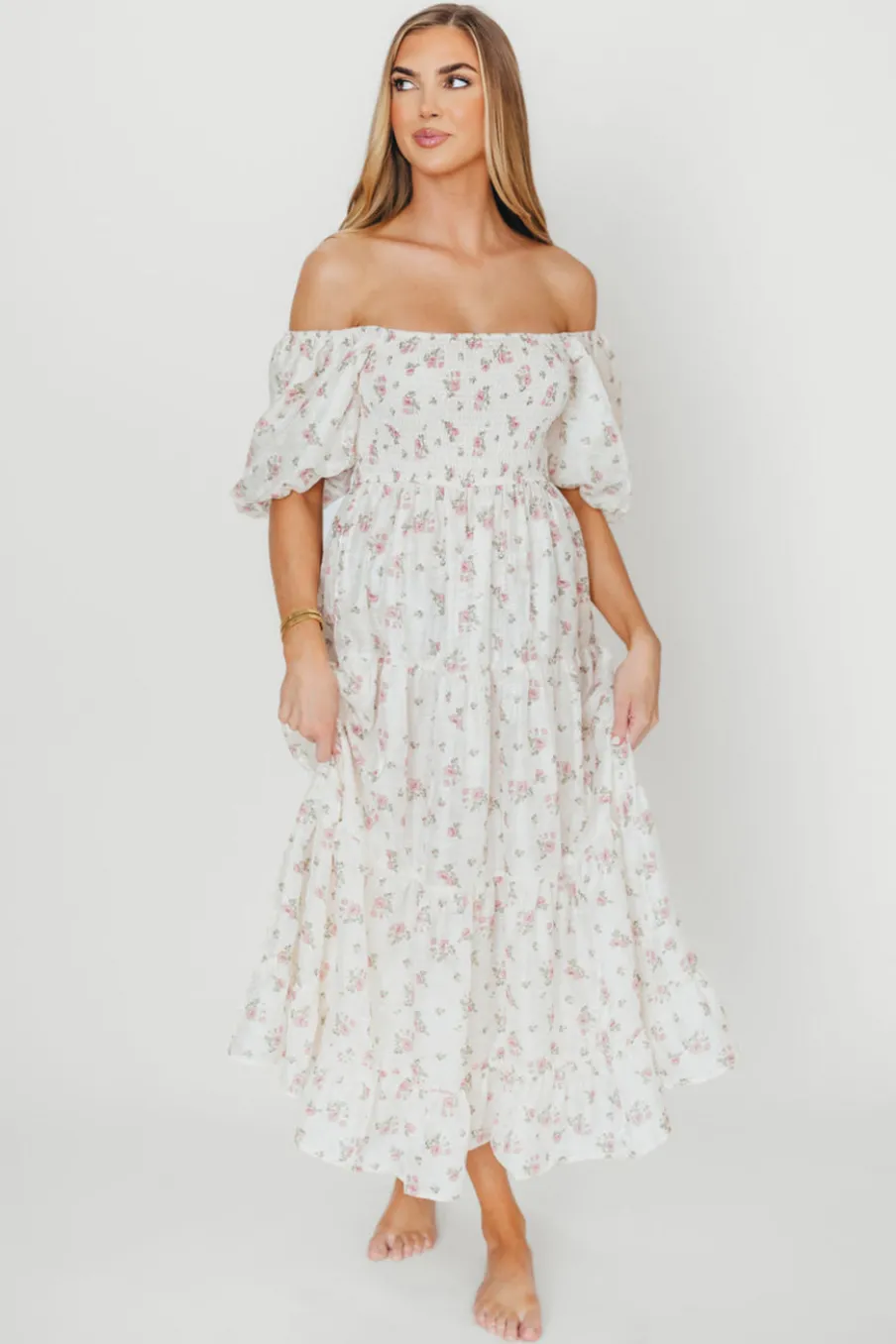 Best Worth Collective Mia Midi Dress in Ivory/Pink Floral