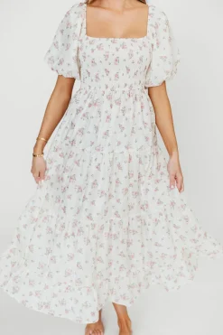 Best Worth Collective Mia Midi Dress in Ivory/Pink Floral