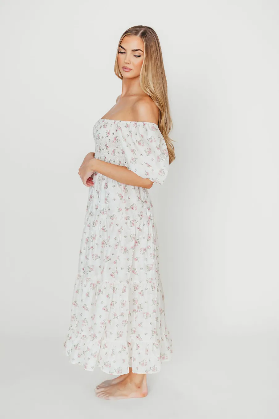Best Worth Collective Mia Midi Dress in Ivory/Pink Floral