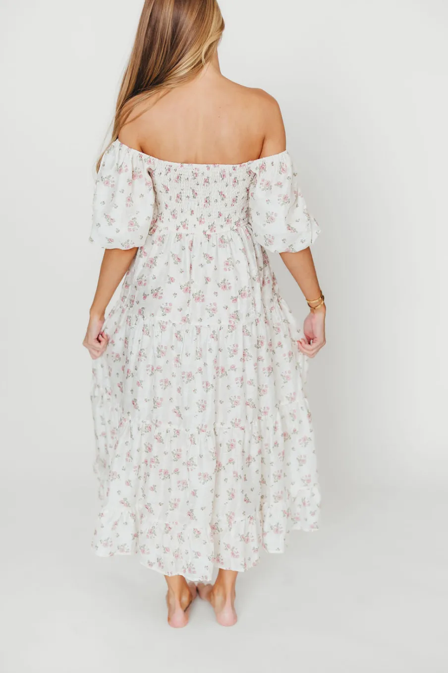 Best Worth Collective Mia Midi Dress in Ivory/Pink Floral
