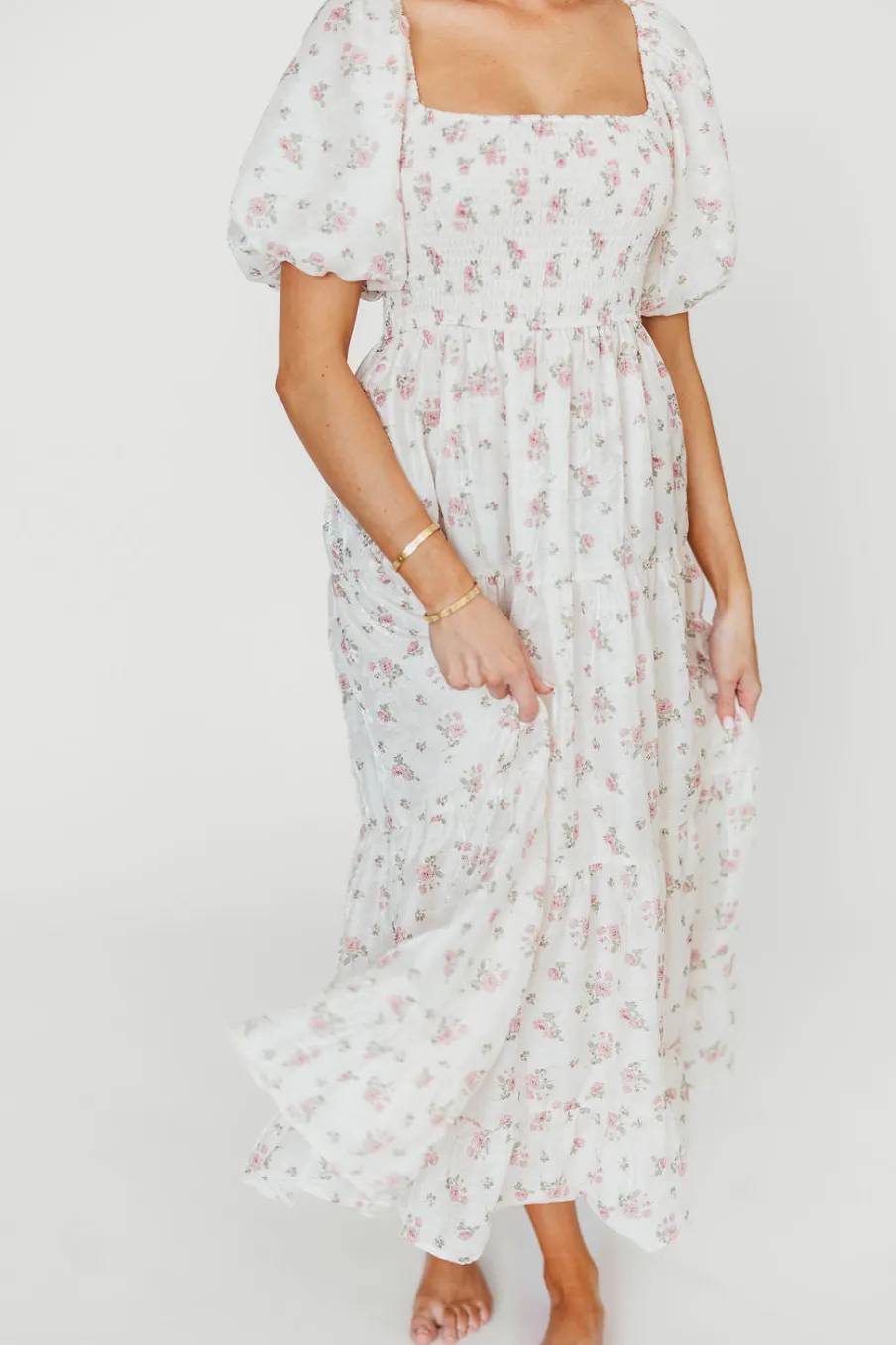 Best Worth Collective Mia Midi Dress in Ivory/Pink Floral