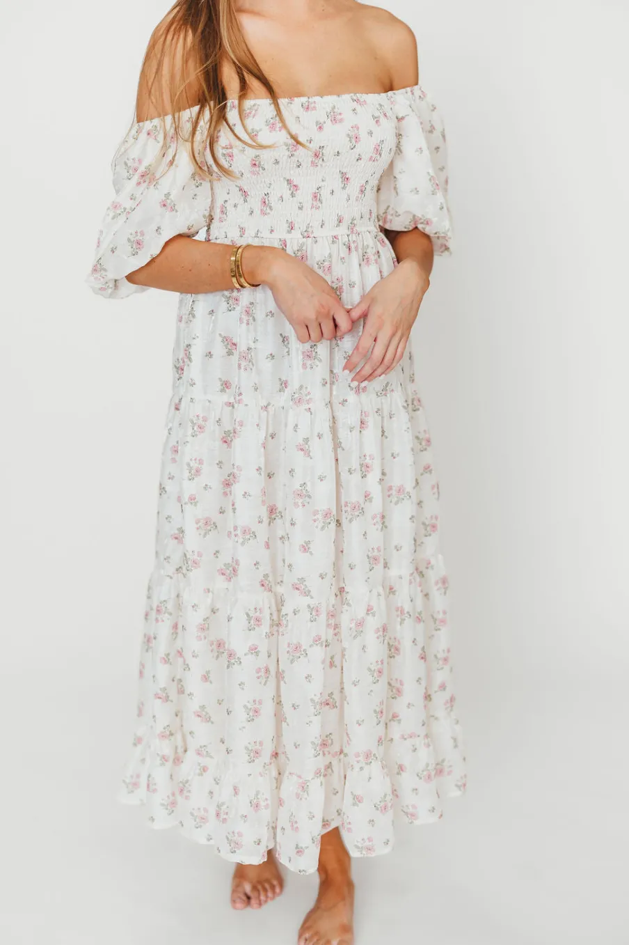 Best Worth Collective Mia Midi Dress in Ivory/Pink Floral