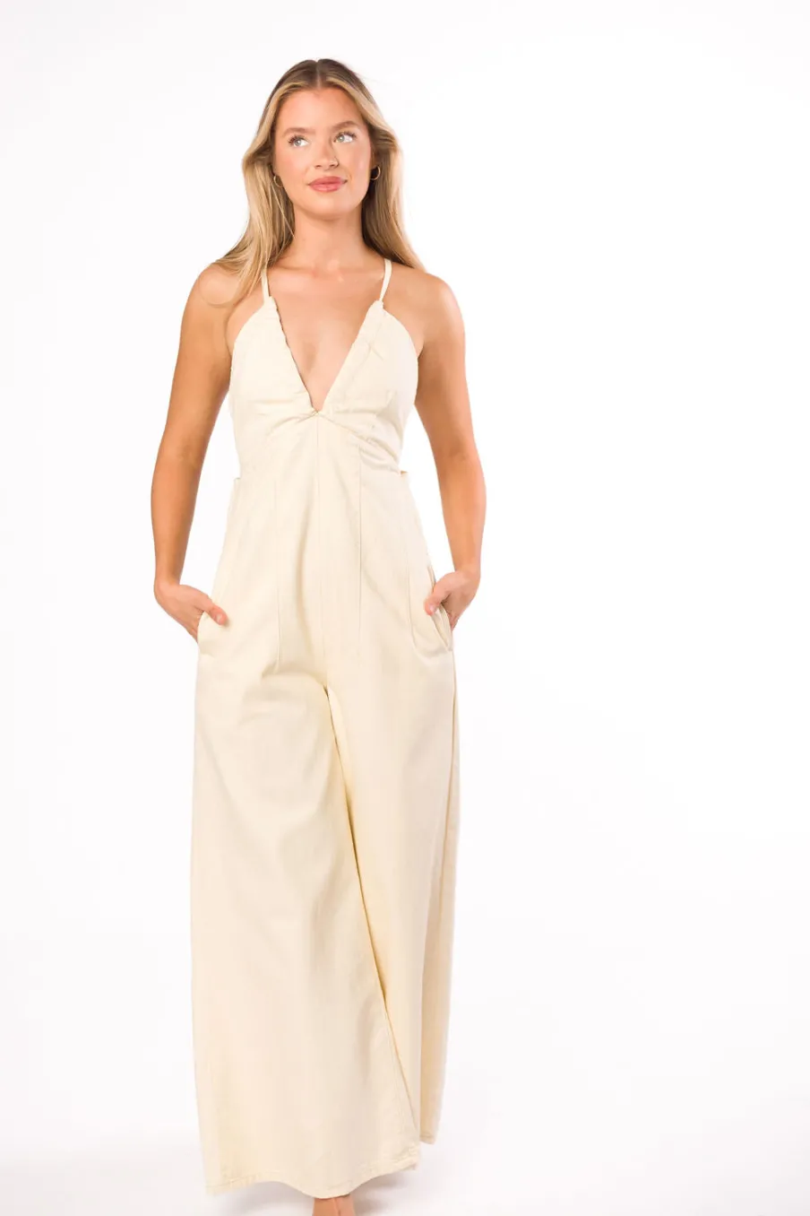 New Worth Collective Midweek 100% Cotton Denim Jumpsuit in Ivory