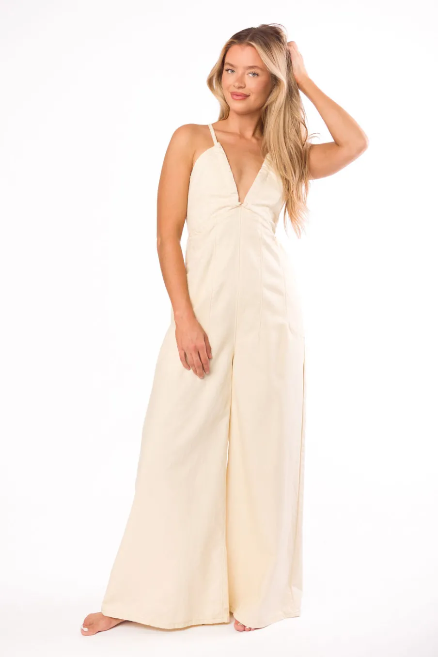 New Worth Collective Midweek 100% Cotton Denim Jumpsuit in Ivory