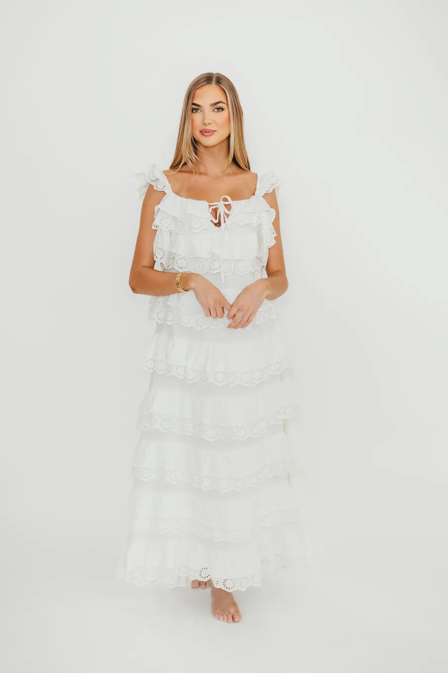 Discount Worth Collective Mikayla 100% Cotton Lace and Gauze Contrast Tiered Maxi Dress in Off-W