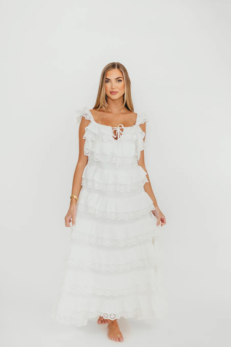 Discount Worth Collective Mikayla 100% Cotton Lace and Gauze Contrast Tiered Maxi Dress in Off-W
