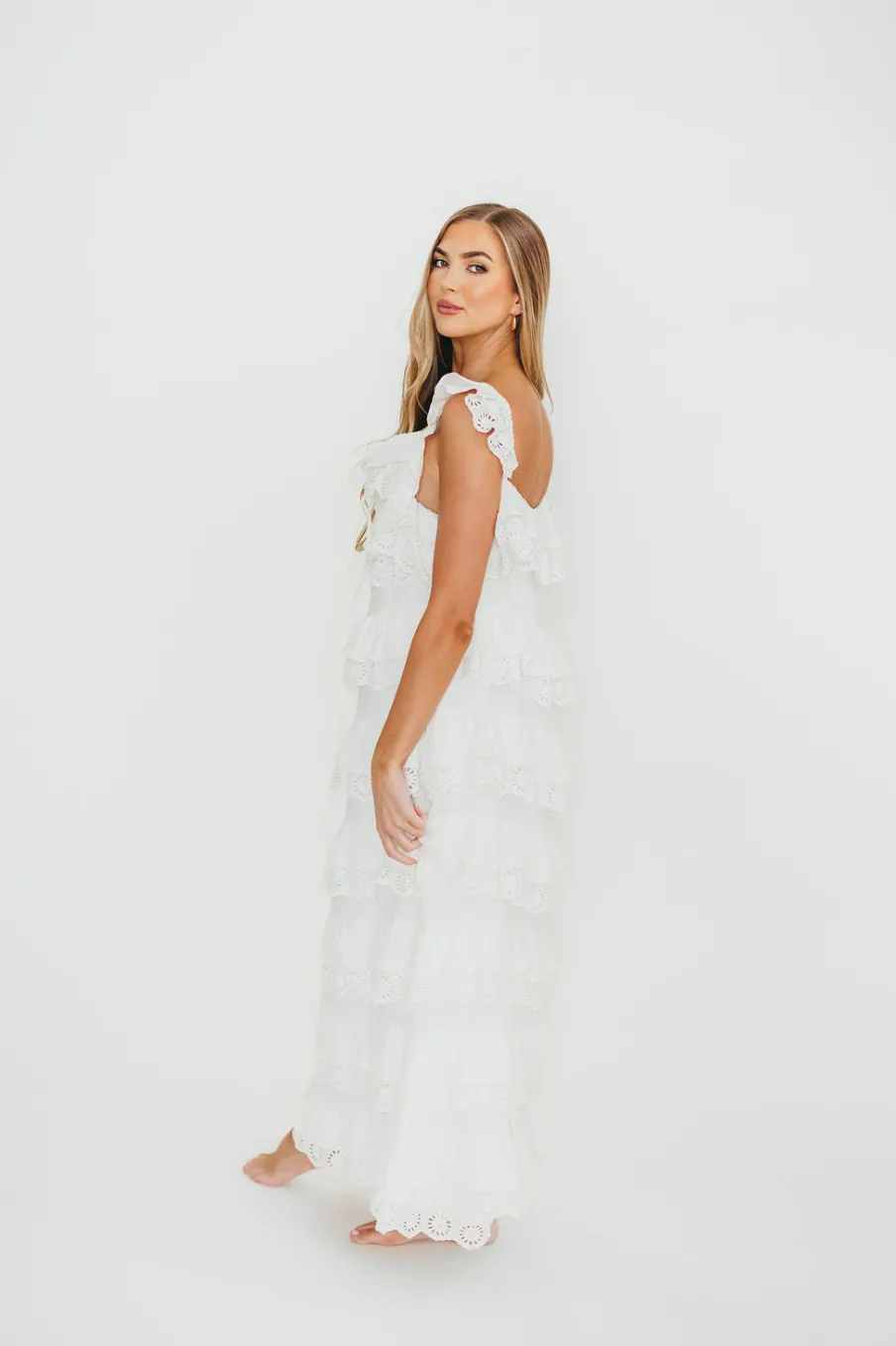 Discount Worth Collective Mikayla 100% Cotton Lace and Gauze Contrast Tiered Maxi Dress in Off-W