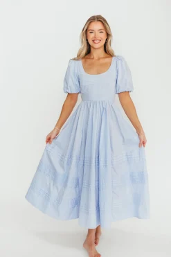 Outlet Worth Collective Milana 100% Cotton Puffed Sleeve Midi Dress in Baby Blue