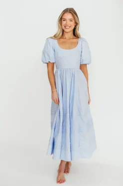 Outlet Worth Collective Milana 100% Cotton Puffed Sleeve Midi Dress in Baby Blue