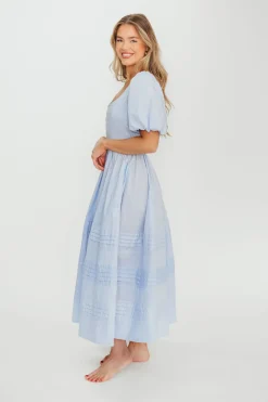 Outlet Worth Collective Milana 100% Cotton Puffed Sleeve Midi Dress in Baby Blue