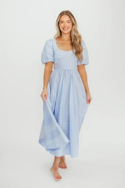 Outlet Worth Collective Milana 100% Cotton Puffed Sleeve Midi Dress in Baby Blue