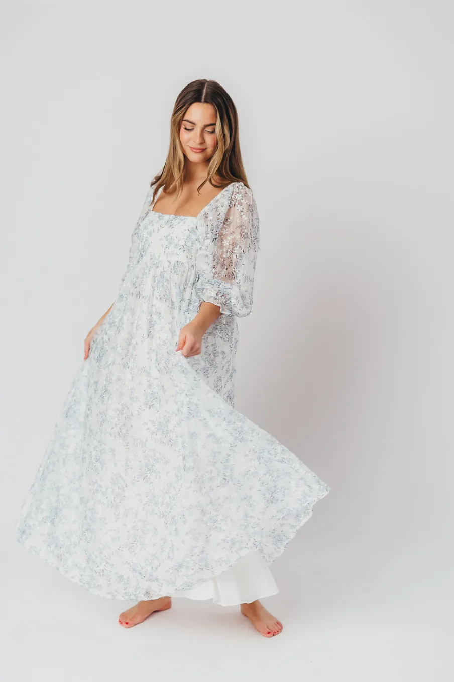 Online Worth Collective Mona Maxi Dress with Smocking in Blue White - Bump Friendly & Inclusiv