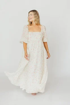 Fashion Worth Collective Mona Maxi Dress with Smocking in Ivory Floral - Bump Friendly & Inclus