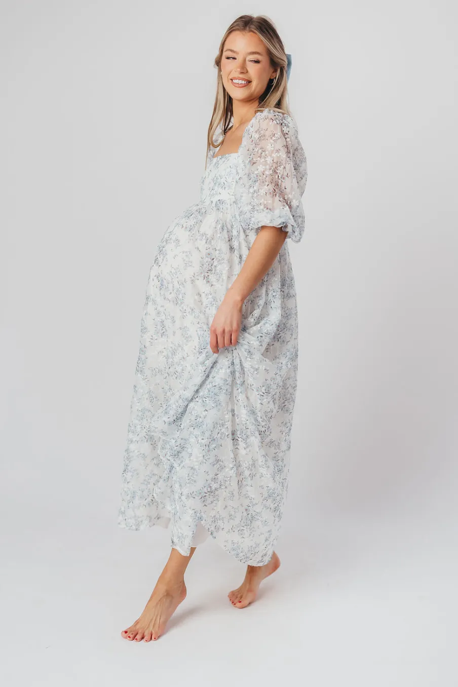 Online Worth Collective Mona Maxi Dress with Smocking in Blue White - Bump Friendly & Inclusiv