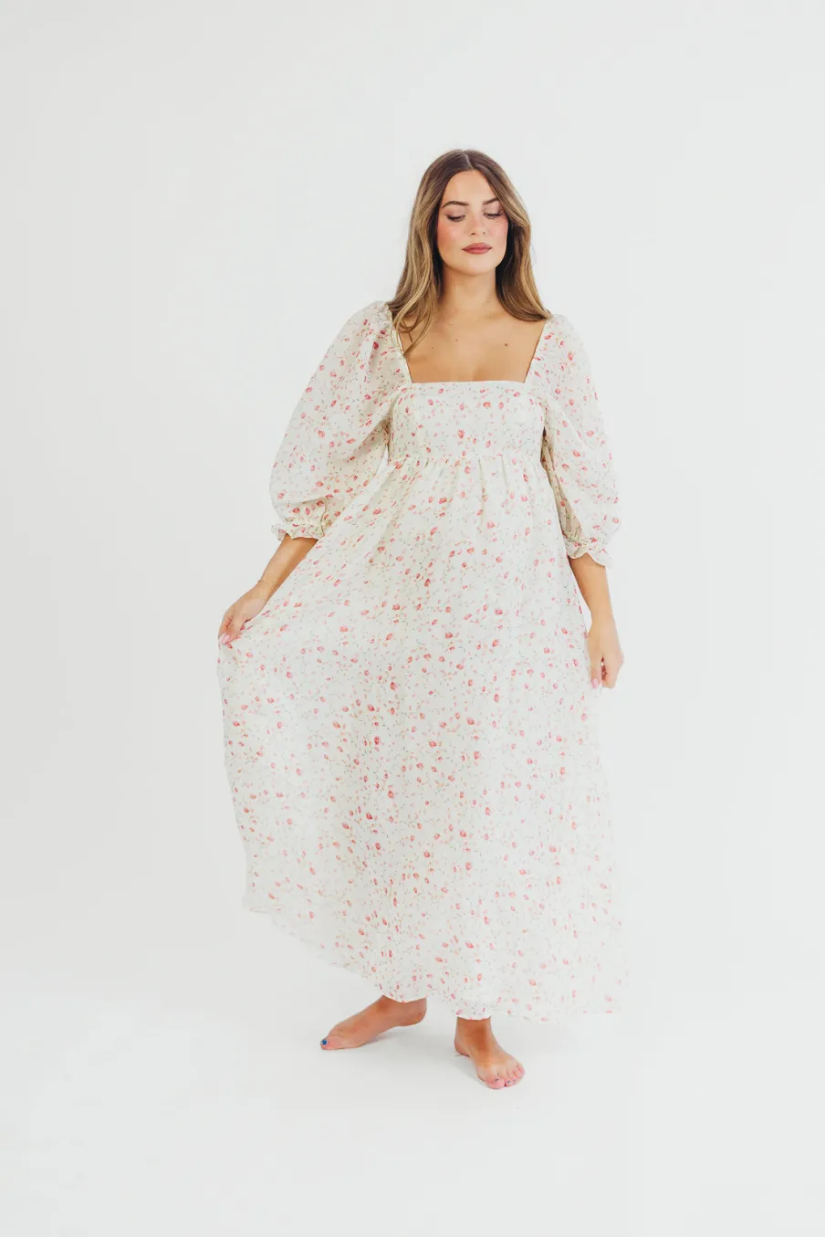 Fashion Worth Collective Mona Maxi Dress with Smocking in Ivory Floral - Bump Friendly & Inclus