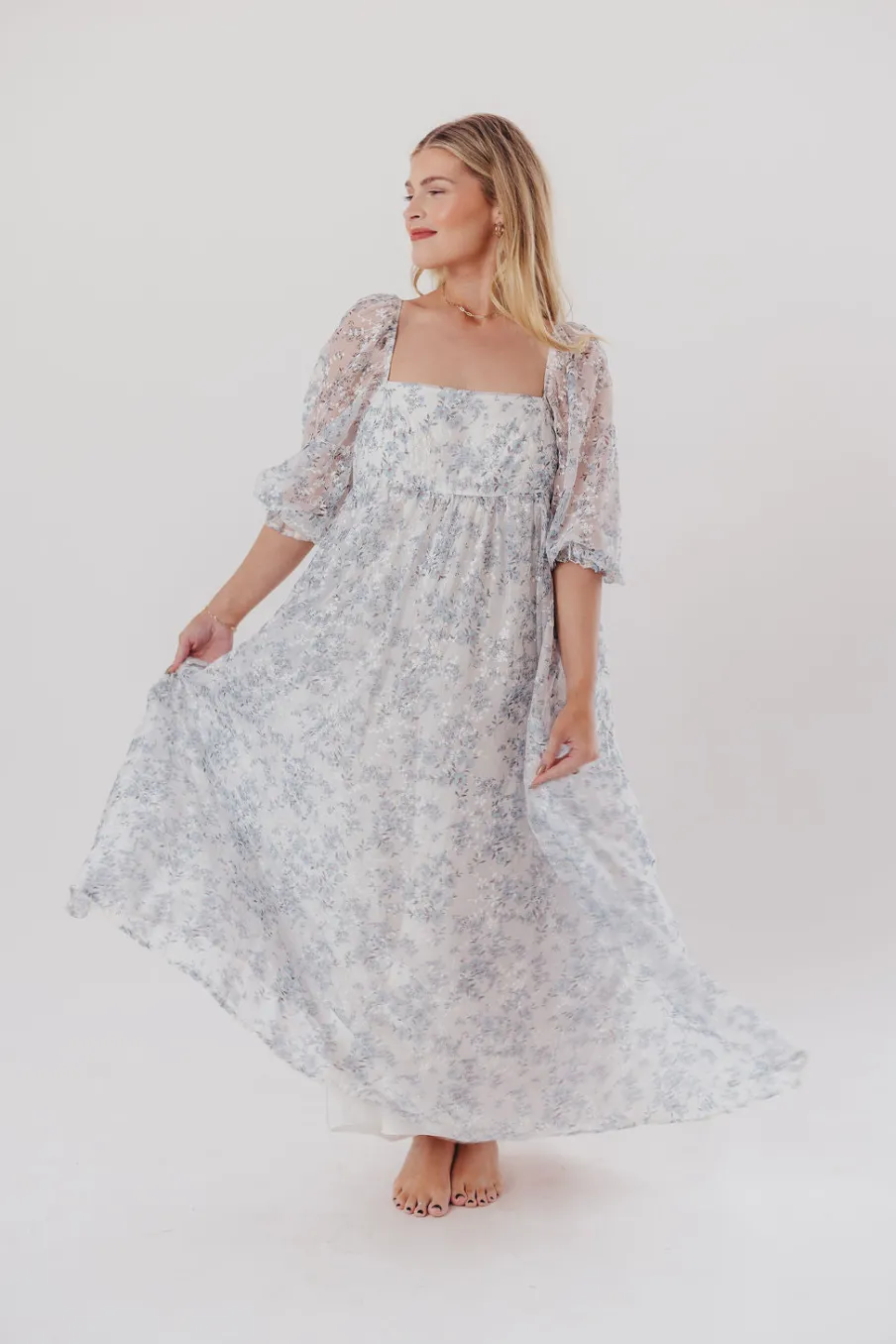 Online Worth Collective Mona Maxi Dress with Smocking in Blue White - Bump Friendly & Inclusiv
