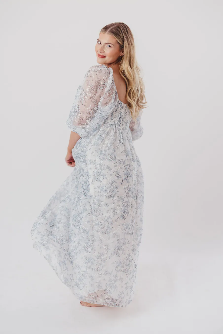 Online Worth Collective Mona Maxi Dress with Smocking in Blue White - Bump Friendly & Inclusiv