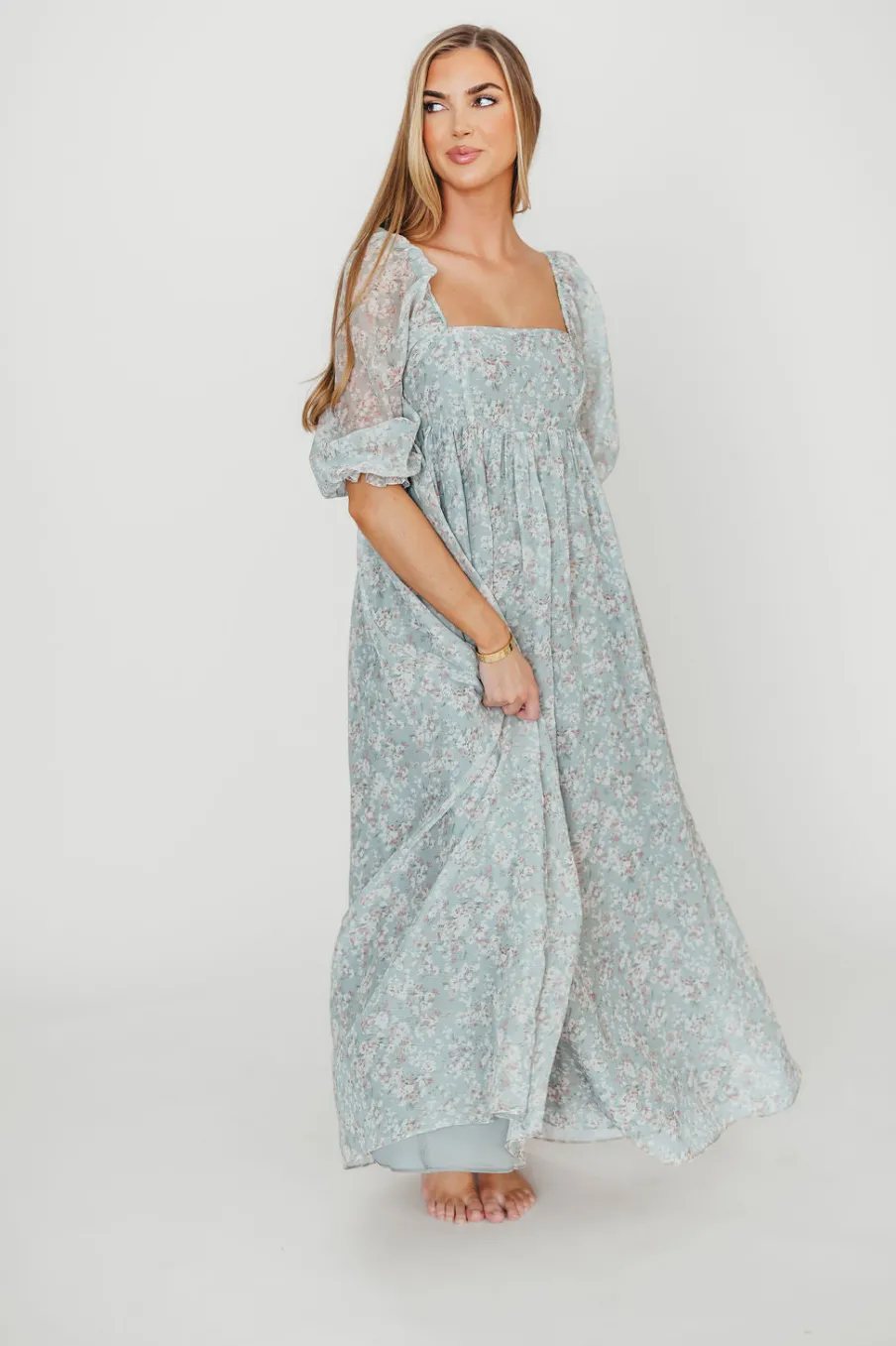 New Worth Collective Mona Maxi Dress with Smocking in Sage Green Floral - Bump Friendly & I