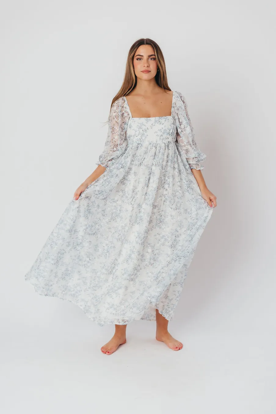 Online Worth Collective Mona Maxi Dress with Smocking in Blue White - Bump Friendly & Inclusiv