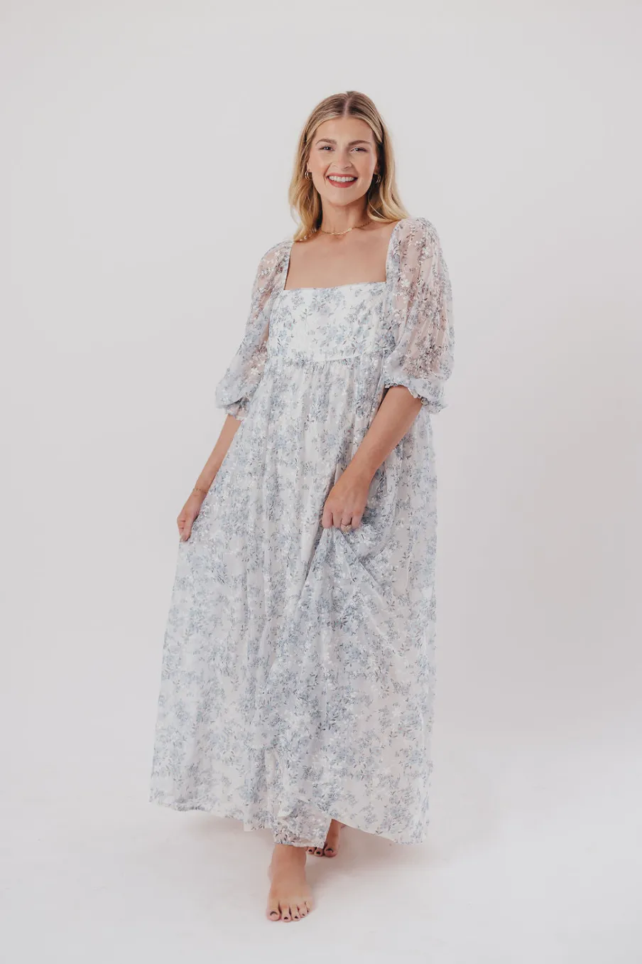 Online Worth Collective Mona Maxi Dress with Smocking in Blue White - Bump Friendly & Inclusiv