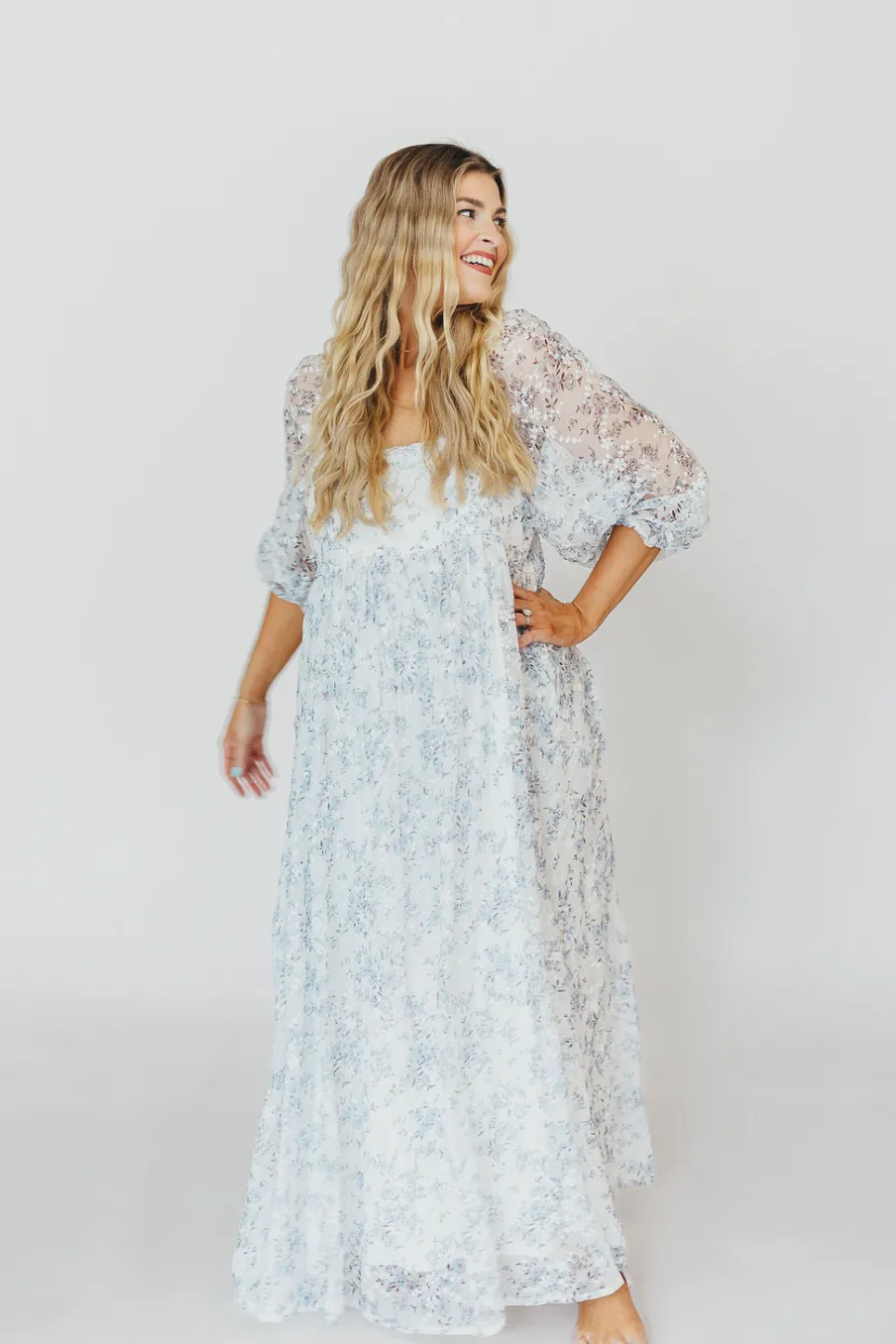 Online Worth Collective Mona Maxi Dress with Smocking in Blue White - Bump Friendly & Inclusiv