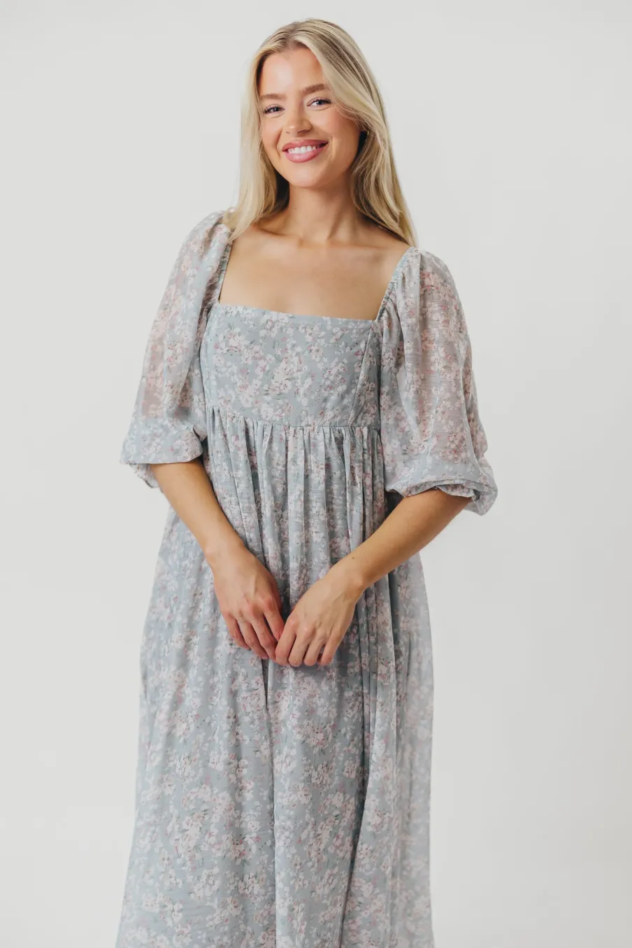 New Worth Collective Mona Maxi Dress with Smocking in Sage Green Floral - Bump Friendly & I