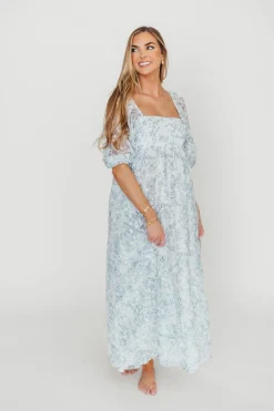 Online Worth Collective Mona Maxi Dress with Smocking in Blue White - Bump Friendly & Inclusiv
