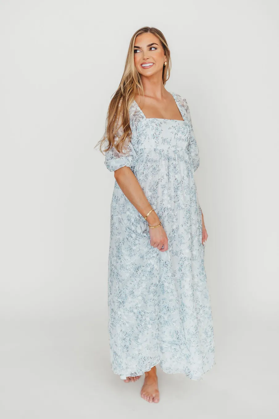 Online Worth Collective Mona Maxi Dress with Smocking in Blue White - Bump Friendly & Inclusiv