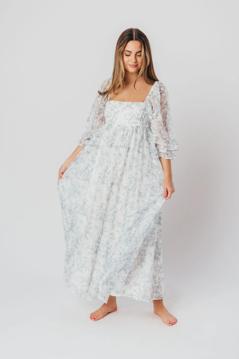Online Worth Collective Mona Maxi Dress with Smocking in Blue White - Bump Friendly & Inclusiv