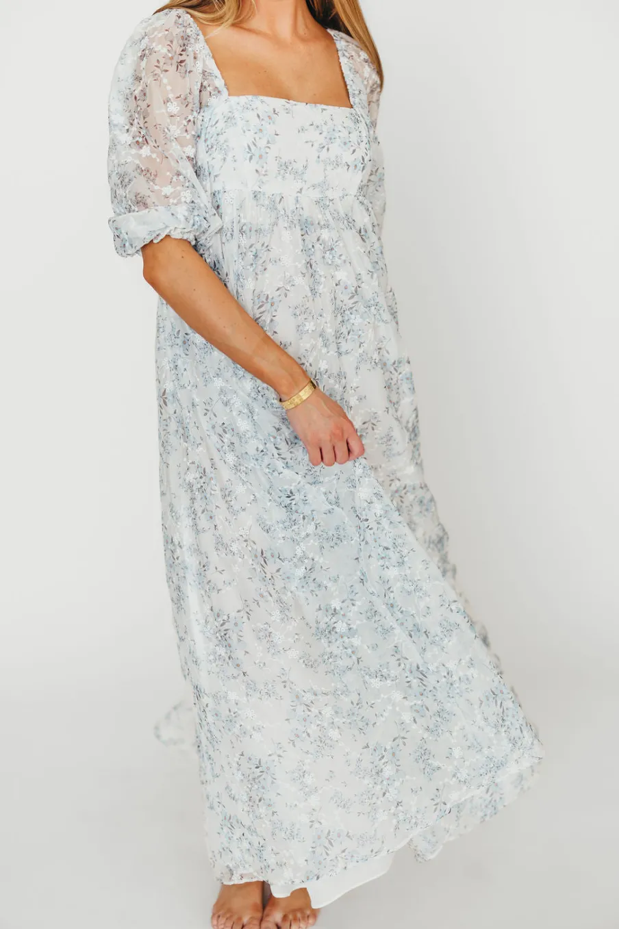 Online Worth Collective Mona Maxi Dress with Smocking in Blue White - Bump Friendly & Inclusiv