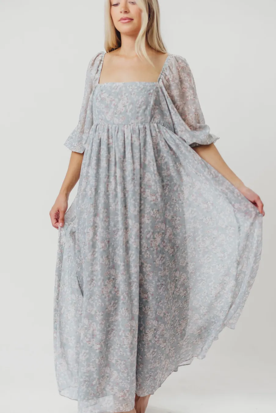 New Worth Collective Mona Maxi Dress with Smocking in Sage Green Floral - Bump Friendly & I