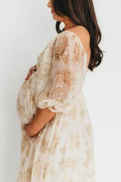 Fashion Worth Collective Mona Maxi Dress with Smocking in Cream Floral - Bump Friendly & Inclus