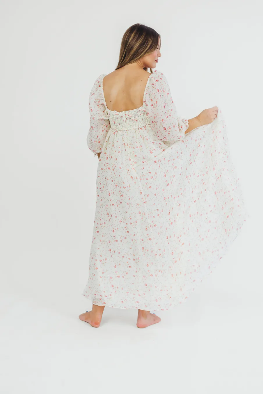 Fashion Worth Collective Mona Maxi Dress with Smocking in Ivory Floral - Bump Friendly & Inclus