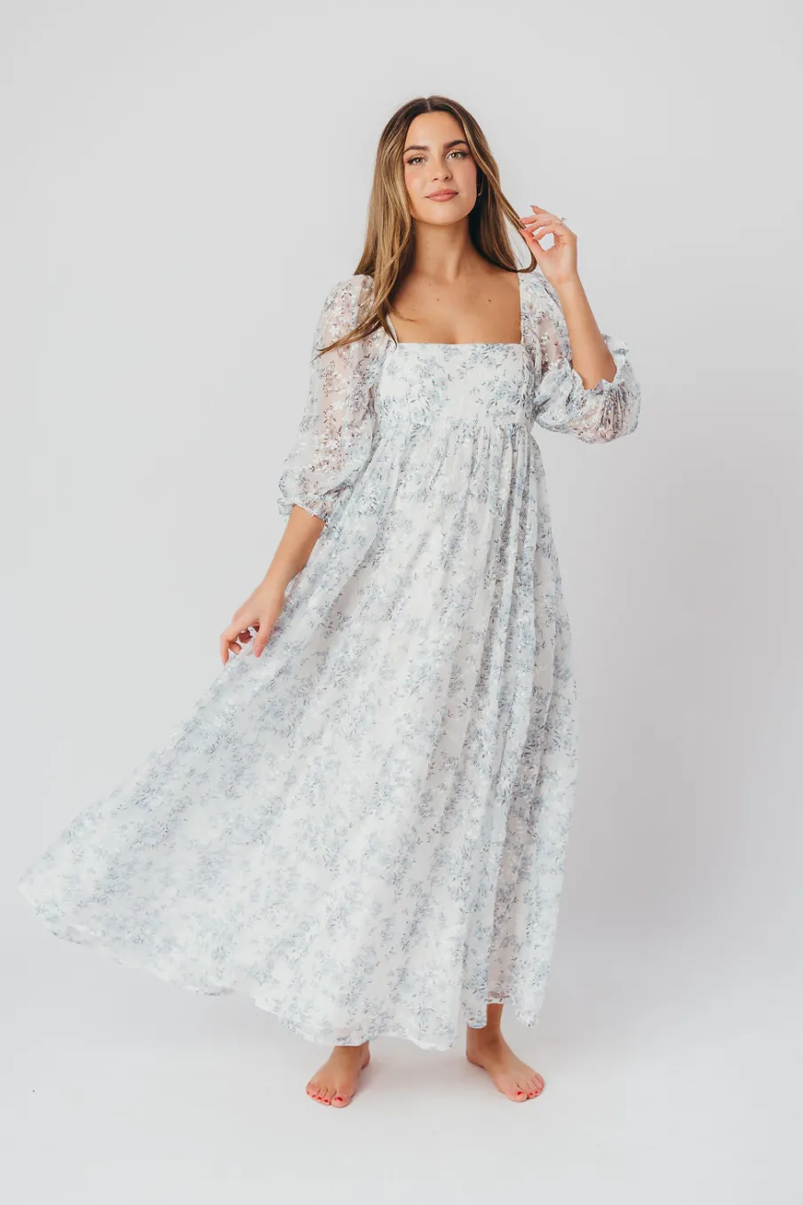 Online Worth Collective Mona Maxi Dress with Smocking in Blue White - Bump Friendly & Inclusiv