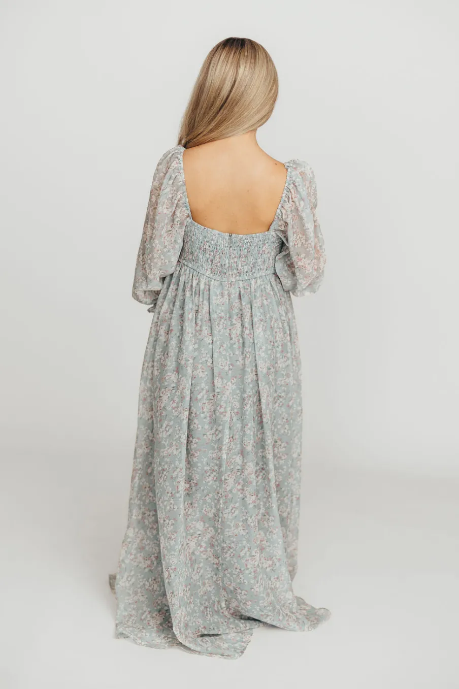New Worth Collective Mona Maxi Dress with Smocking in Sage Green Floral - Bump Friendly & I