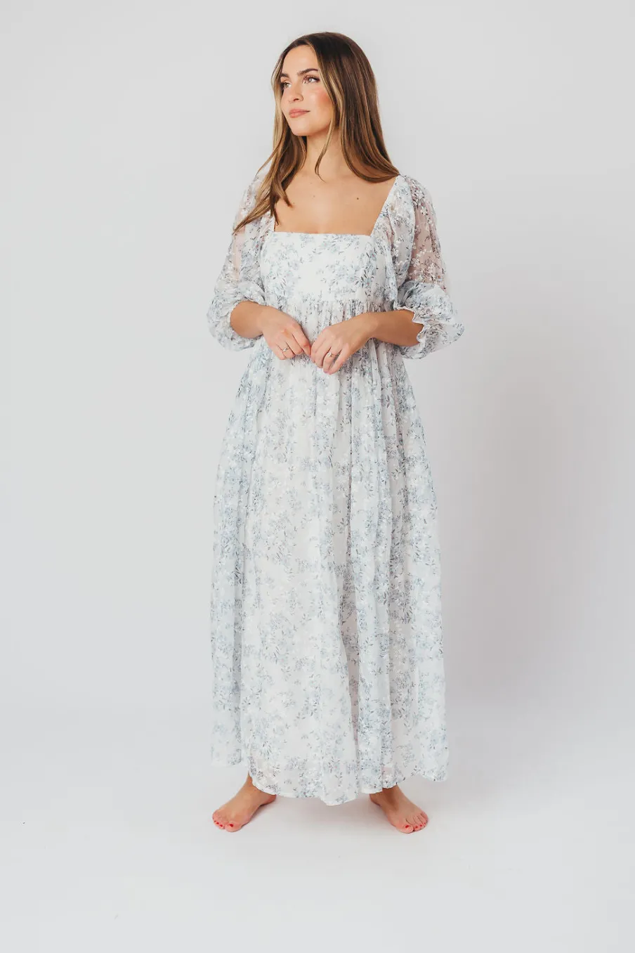 Online Worth Collective Mona Maxi Dress with Smocking in Blue White - Bump Friendly & Inclusiv