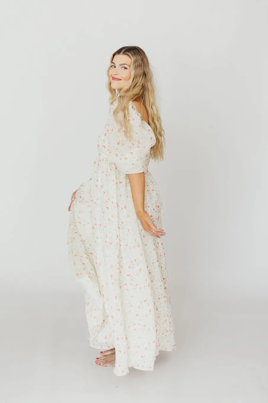 Fashion Worth Collective Mona Maxi Dress with Smocking in Ivory Floral - Bump Friendly & Inclus