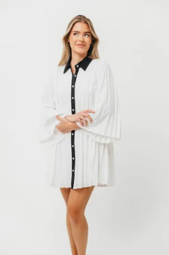 Outlet Worth Collective Monique Pleated Shirt Dress in Ivory/Black