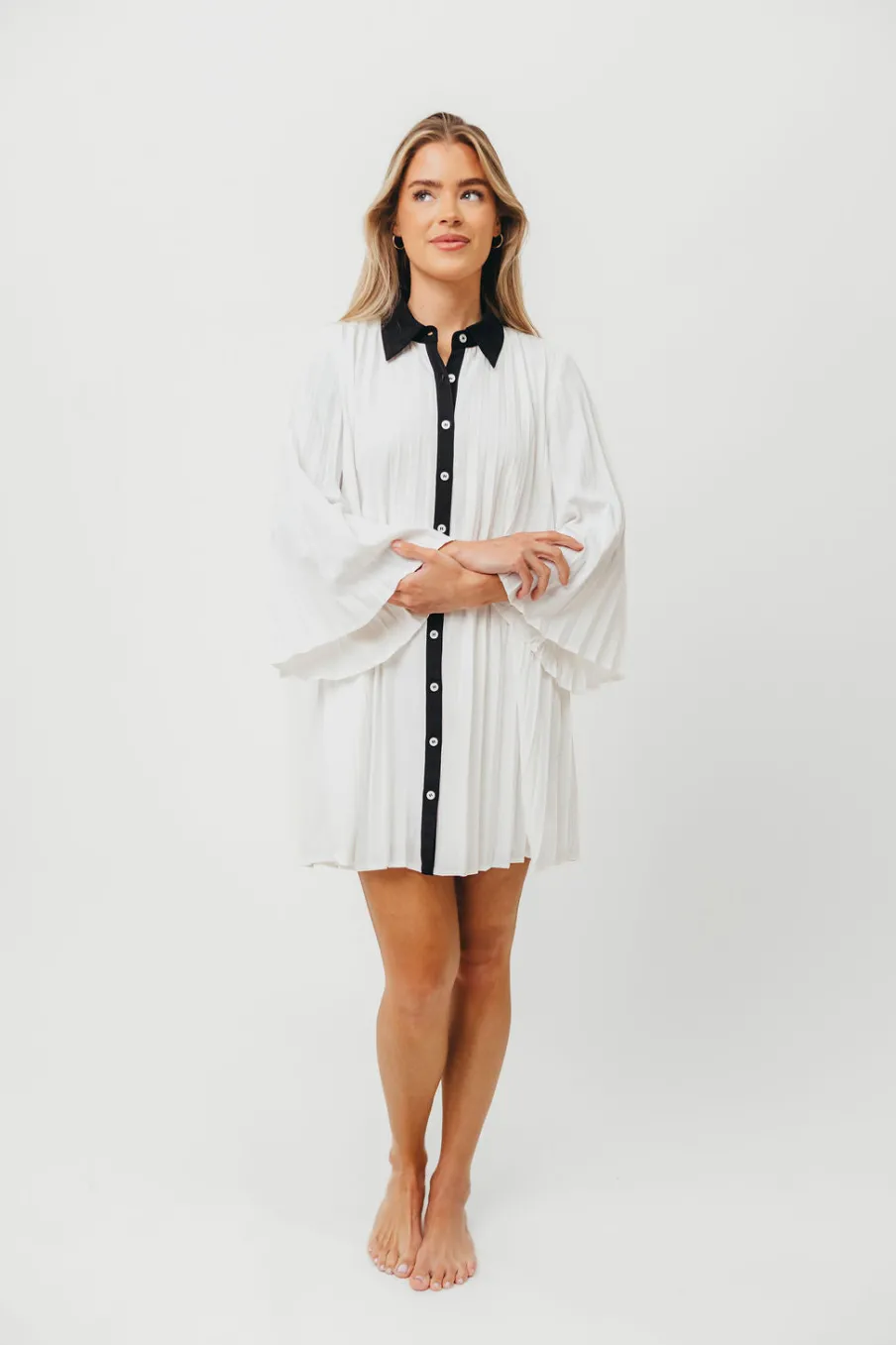 Outlet Worth Collective Monique Pleated Shirt Dress in Ivory/Black