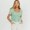 Sale Worth Collective Murphy Smocked Puff Sleeve Blouse in Green