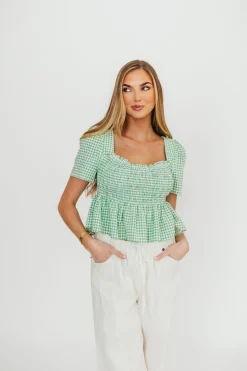 Sale Worth Collective Murphy Smocked Puff Sleeve Blouse in Green