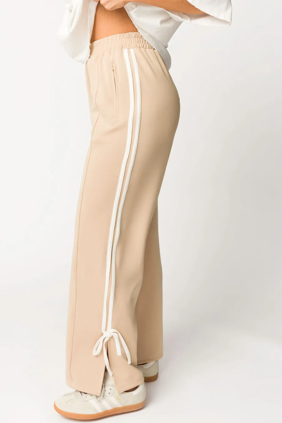 Online Worth Collective Murphy Track Pants with Bow Detail in Taupe/White