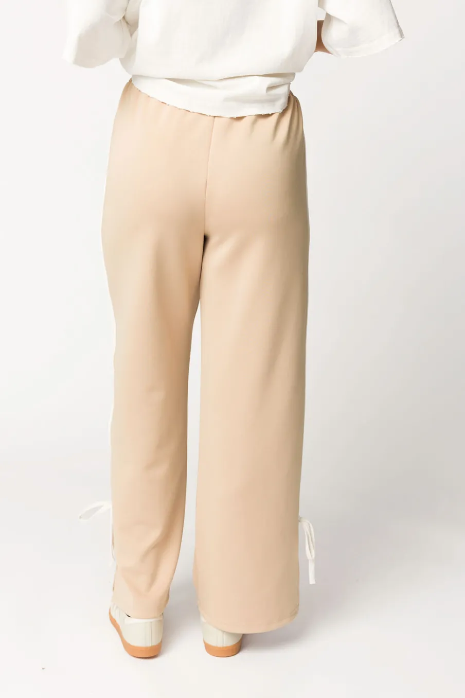 Online Worth Collective Murphy Track Pants with Bow Detail in Taupe/White