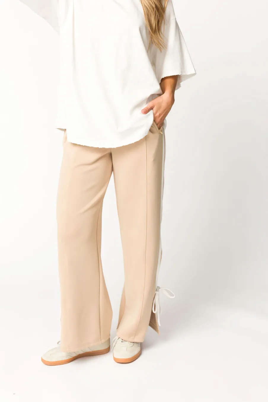 Online Worth Collective Murphy Track Pants with Bow Detail in Taupe/White