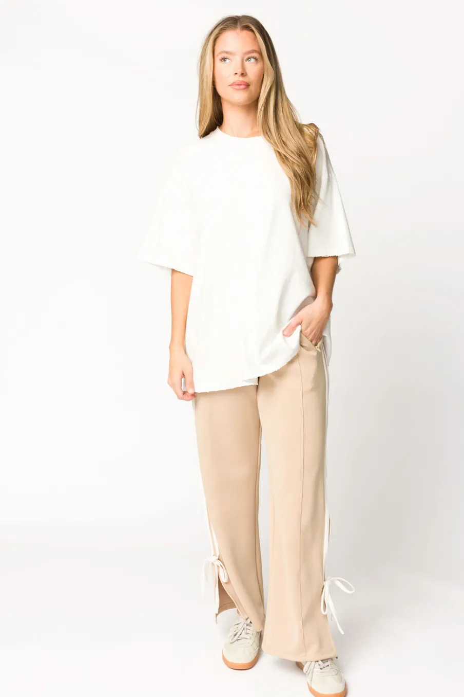 Online Worth Collective Murphy Track Pants with Bow Detail in Taupe/White