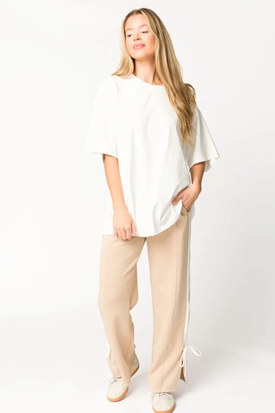 Online Worth Collective Murphy Track Pants with Bow Detail in Taupe/White