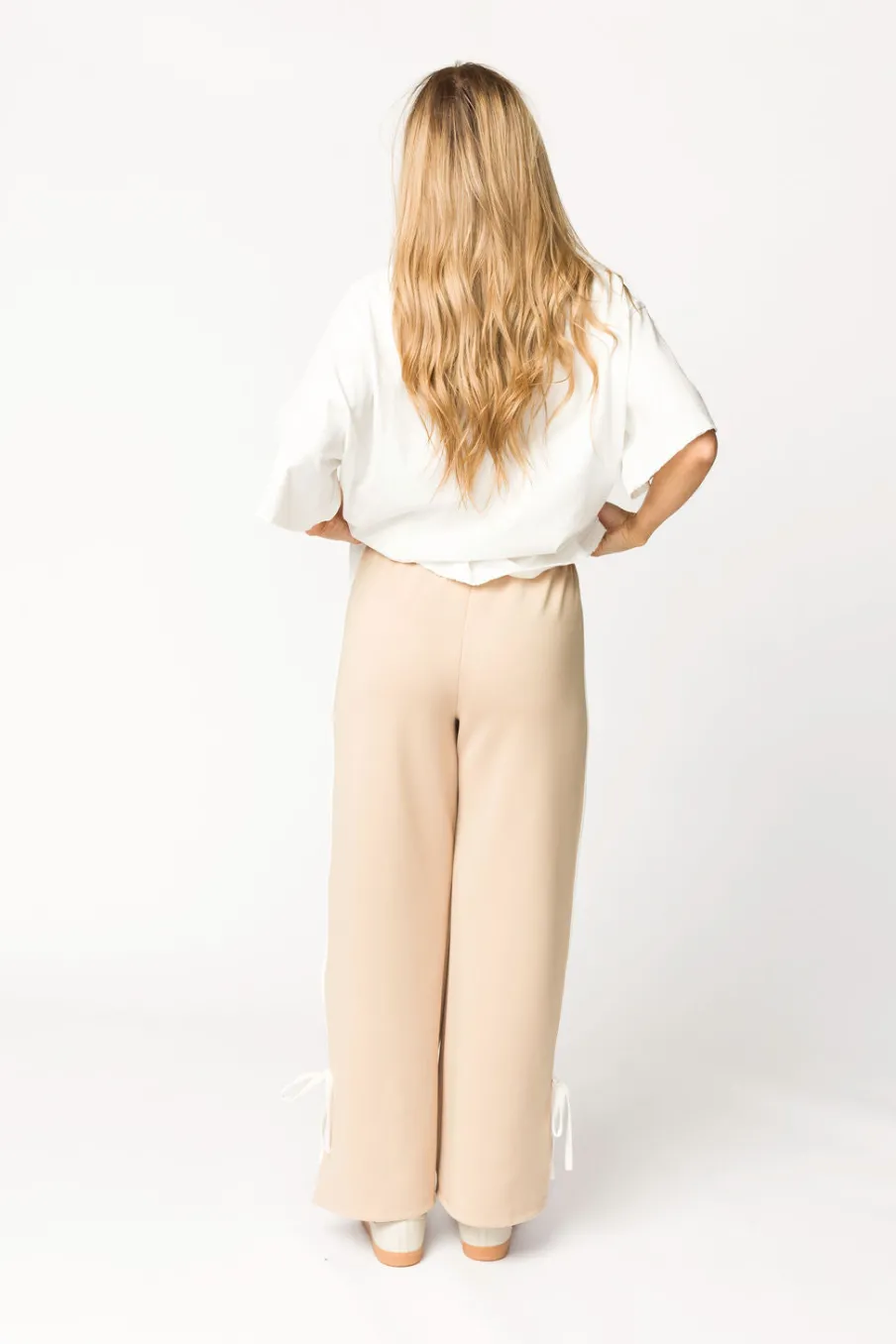 Online Worth Collective Murphy Track Pants with Bow Detail in Taupe/White